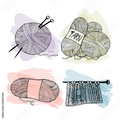 Hand drawn wool balls and yarn. Graphic vector set. All elements are isolated