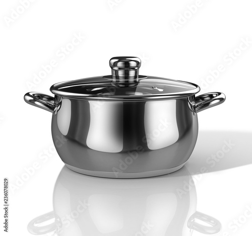 Stainless pan with glass lid. 3D illustration.
