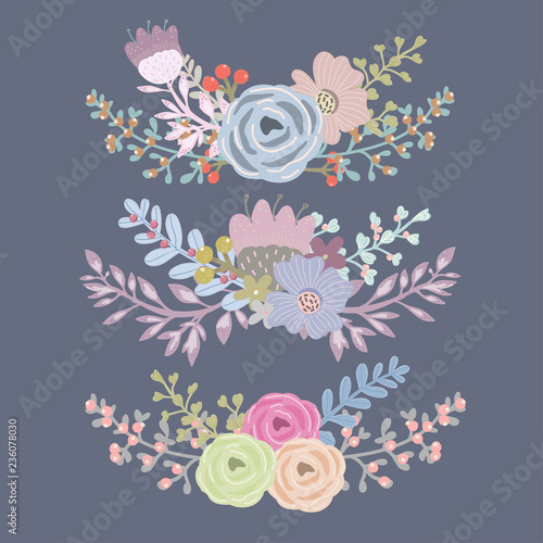 Hand drawn floral elements. Set of three beautiful bouquets. Navy background. Every bouquet is isolated.