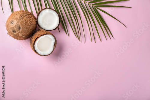 Ripe coconuts on color background