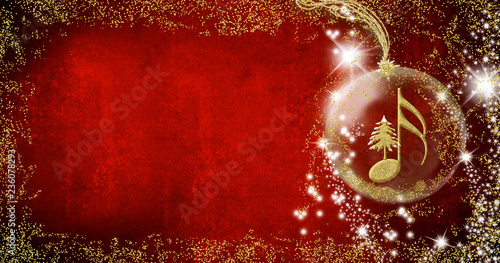Christmas musical card. Semiquaver and Christmas tree  golden glitter
