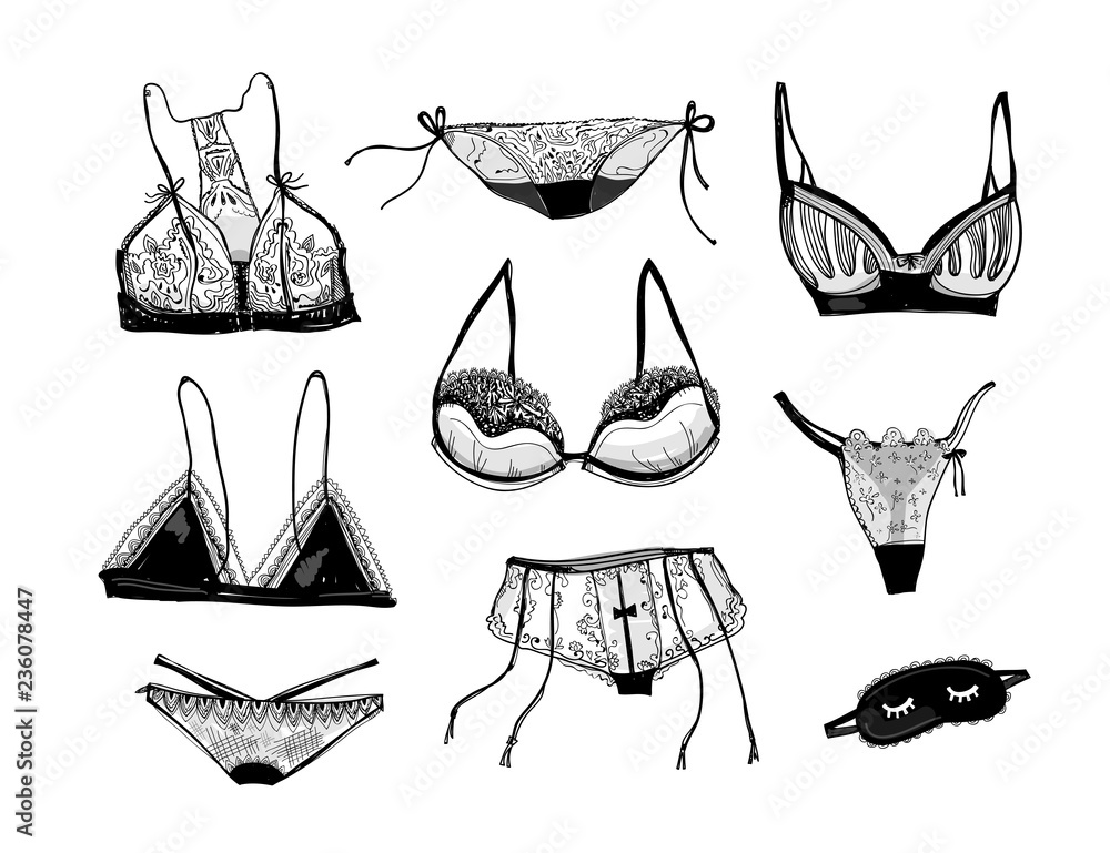 Hand drawn lace underwear. Graphic vector set. All elements are