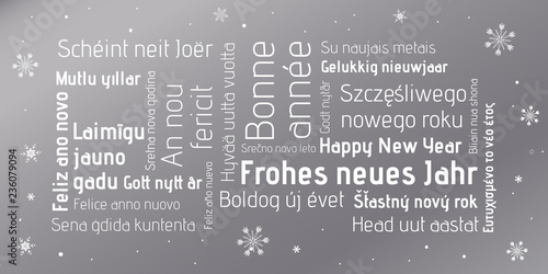 Happy new Year in different languages - silver snowflakes