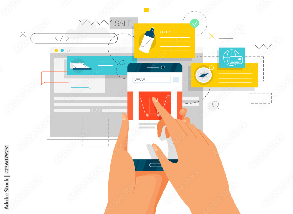 Online shopping. Hands holding mobile phone. Concept flat style vector design illustrations. Online shopping. Hands holding mobile phone. Concept flat style vector design illustrations.