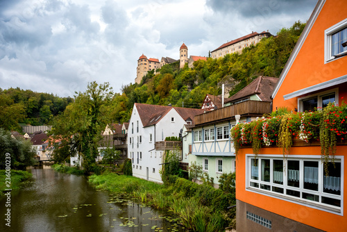 View on the Harburg Castle from the bridge over the river of Wornitz in the city of Harburg in Bavaria, Germany. It is a part of the scenic route called 