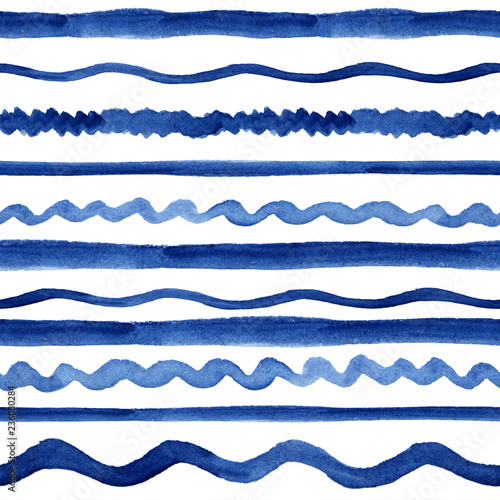 Blue watercolor hand-drawn ink lines and waves - simple seamless pattern