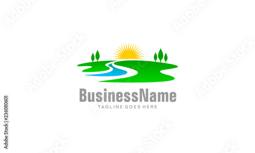 Landscape logo - sunrise river vector template
