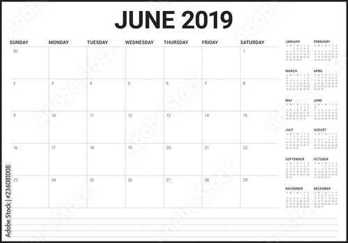 June 2019 desk calendar vector illustration