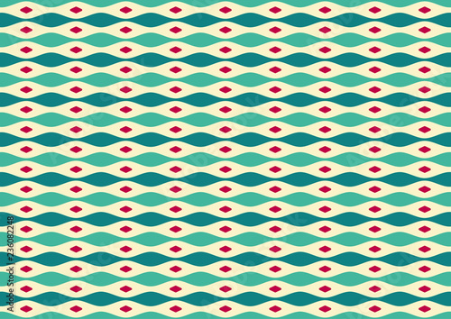 Bright colorful ornament pattern for textile. Nostalgic retro green, yellow background with red element. Design for web banner, business presentation, branding package, fabric print.