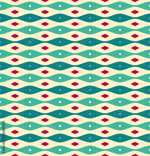 Bright colorful ornament pattern for textile. Nostalgic retro green, yellow background with red element. Design for web banner, business presentation, branding package, fabric print.
