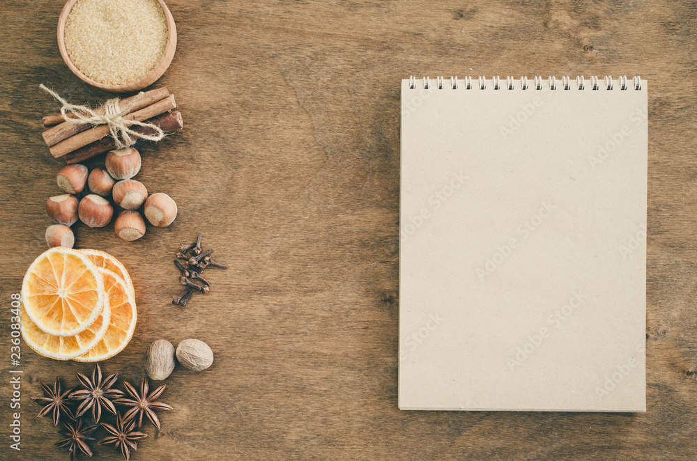 Notebook for writing recipe or menu. Culinary background. Notebook for writing recipe or menu. Culinary background.