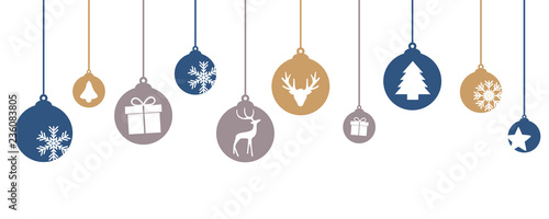 hanging christmas balls with winter motives snowflake reindeer gift bell star tree vector illustration EPS10