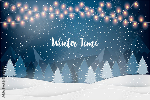 Winter Time. Holiday winter landscape for new year holidays with firs, light garlands, falling snow. Christmas vector background.