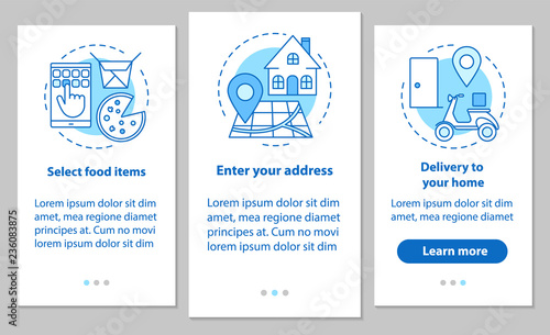 Food delivery onboarding mobile app page screen with linear conc