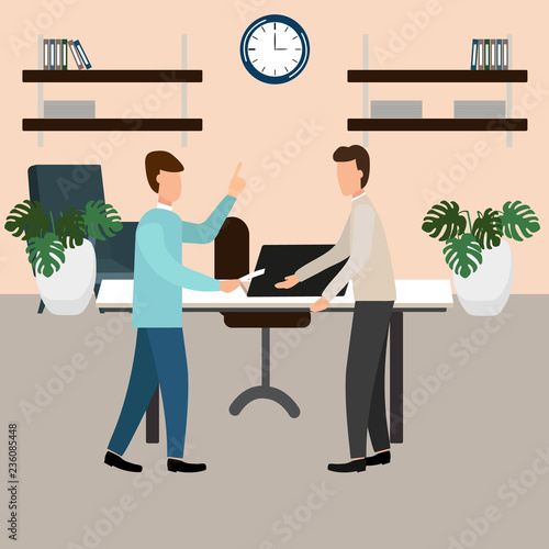 The boss screams at the subordinate in the office.
