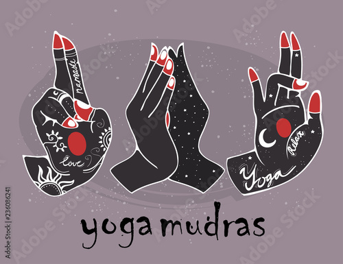 Hand drawn yoga mudras. Graphic vector set. Everything is isolated