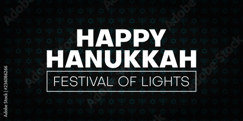 Happy Hanukkah festive banner with traditional pattern with menorah and stars.