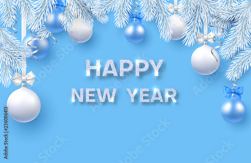 Blue Happy New Year card with fir branches and Christmas balls.
