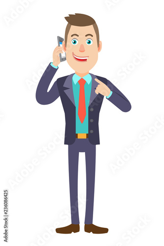 Businessman pointing his finger at the mobile phone that he talks