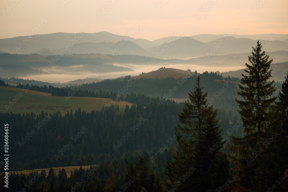 Mountain valley during bright sunrise. Beautiful natural landscape