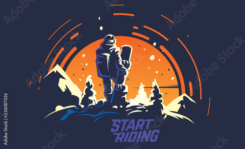 Back view of male snowboarder standing of the top of the hill opposite the big sun. Sports vector illustration photo