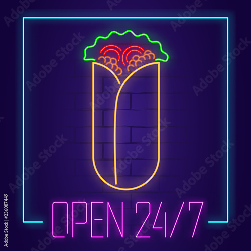 Shawarma neon sign with text OPEN 24/7 on brick wall background. Light banner. Vector illustration