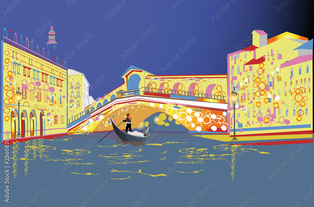 Romantic couple in the gondola travels along the Grand Canal in Italy. Colorful travel background decorated with golden patterns. Hand drawn vector background.
