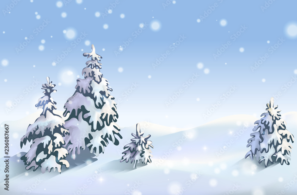 Winter background with snowdrift and fir trees. Banner, Winter is near, winter sales, blizzard, snow, snowflakes.