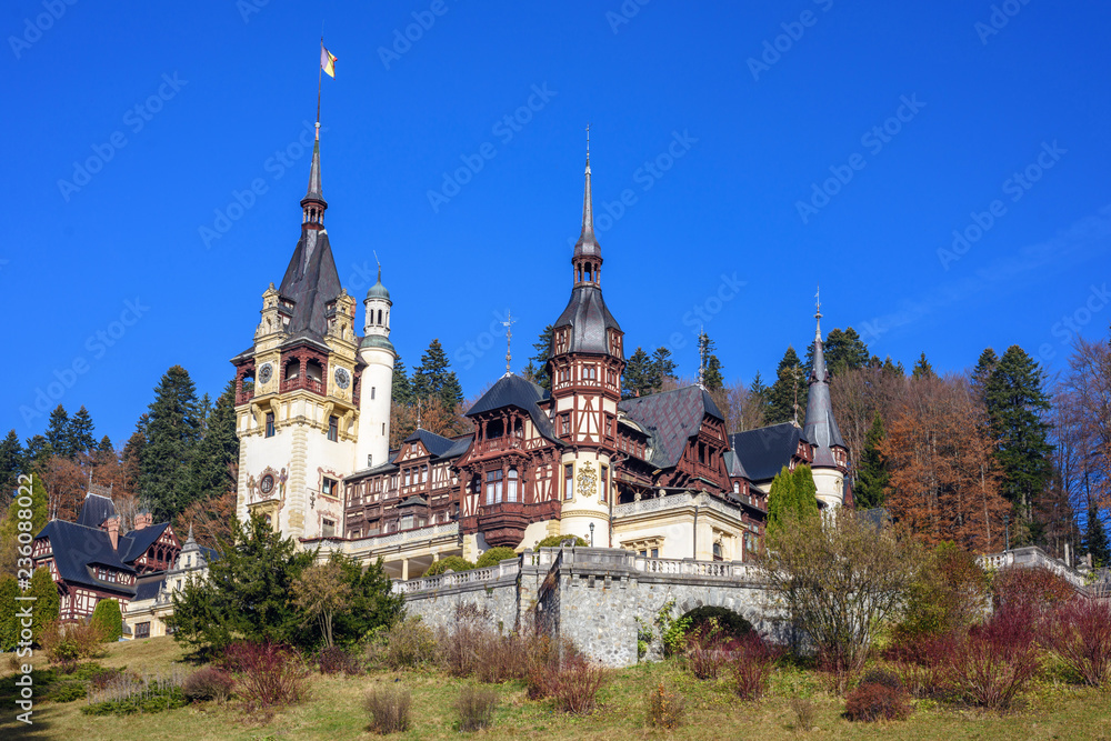 Peles Castle at daylight in autumn colors