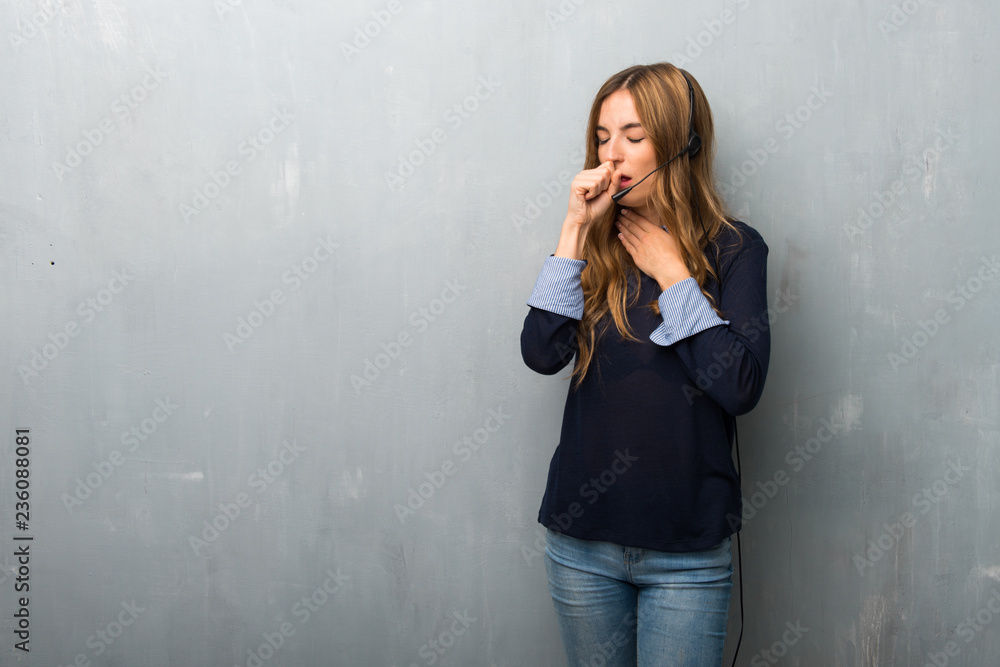 Telemarketer woman is suffering with cough and feeling bad Telemarketer woman is suffering with cough and feeling bad