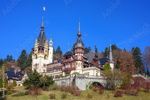 Peles Castle at daylight in autumn colors