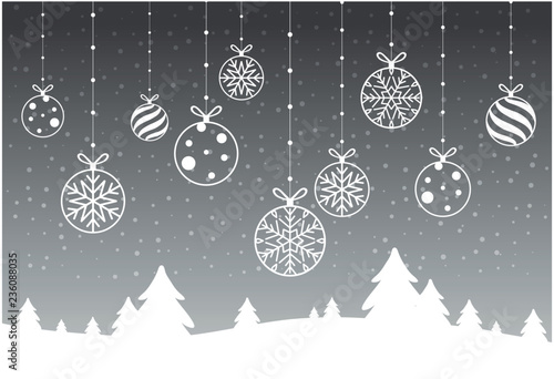 Happy New Year greeting card. Christmas card. Celebration background with Christmas Landscape, Christmas tree, balls and place for your text. Vector Illustration