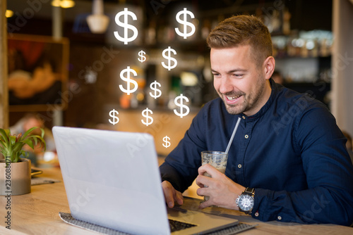 Freelancer working outside the office checking his balance and earnings. Getting paid concept. Internet money income.
