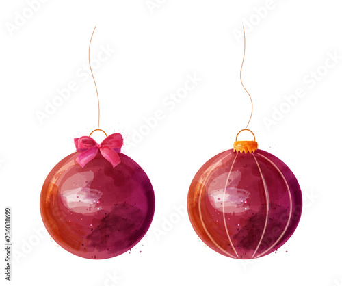 Red Christmas balls watercolor decorations Vector illustrations isolated on w...