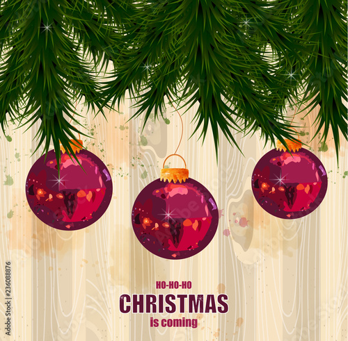 Christmas card with fir tree and baubles Vector. Wooden texture on backgrounds
