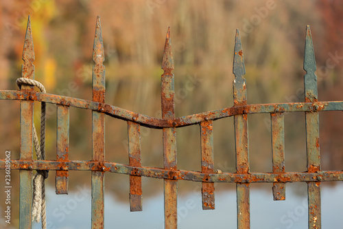 An old rusty, metal fence in an autumn coloured landscape. photo