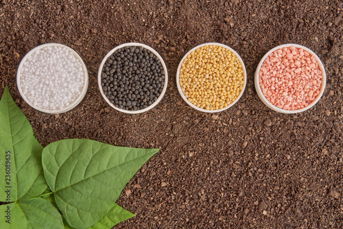 Obraz na plátně Chemical fertilizer on soil background