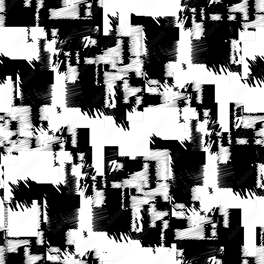 Seamless pattern urban design. Monochrome print with grunge squares and scribble threads. Watercolor effect. Suitable for bed linen, leggings, shorts and fashion industry. Seamless pattern urban design. Monochrome print with grunge squares and scribble threads. Watercolor effect. Suitable for bed linen, leggings, shorts and fashion industry.