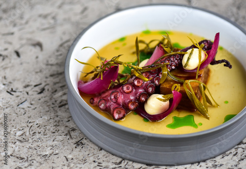 Fototapeta Naklejka Na Ścianę i Meble -  Haute cuisine, Gourmet appetizer, Octopus, squid, shrimp tempura and Chorizo