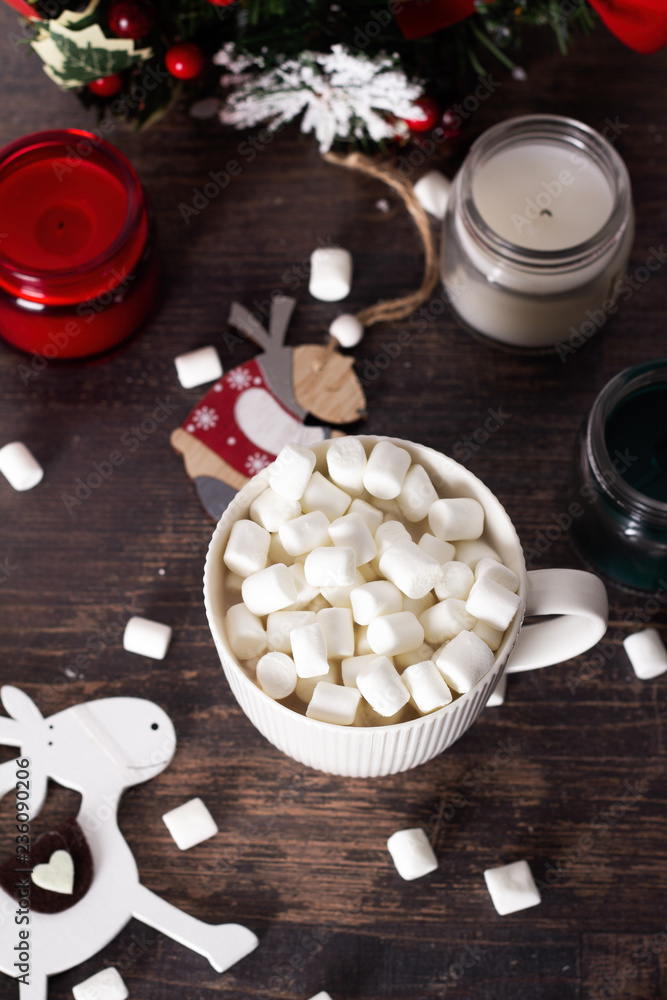 marshmallow hot drink and Christmas decorations top view. marshmallow hot drink and Christmas decorations top view.