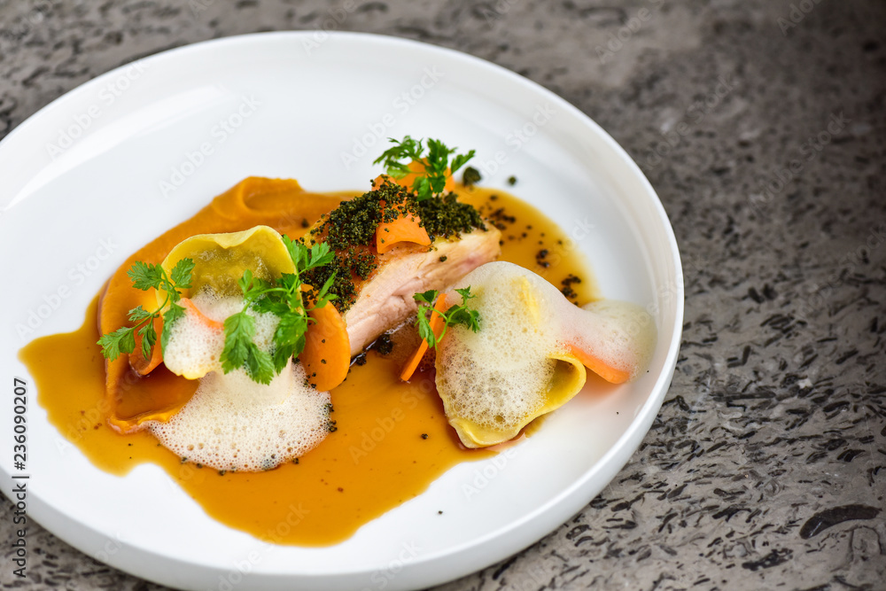 Fine dining Chicken breast with homemade ravioli and vegetables Fine dining Chicken breast with homemade ravioli and vegetables