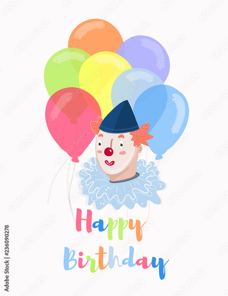 Circus clown and balloons. Hand drawn vector illustration. Happy birthday greeting card Circus clown and balloons. Hand drawn vector illustration. Happy birthday greeting card