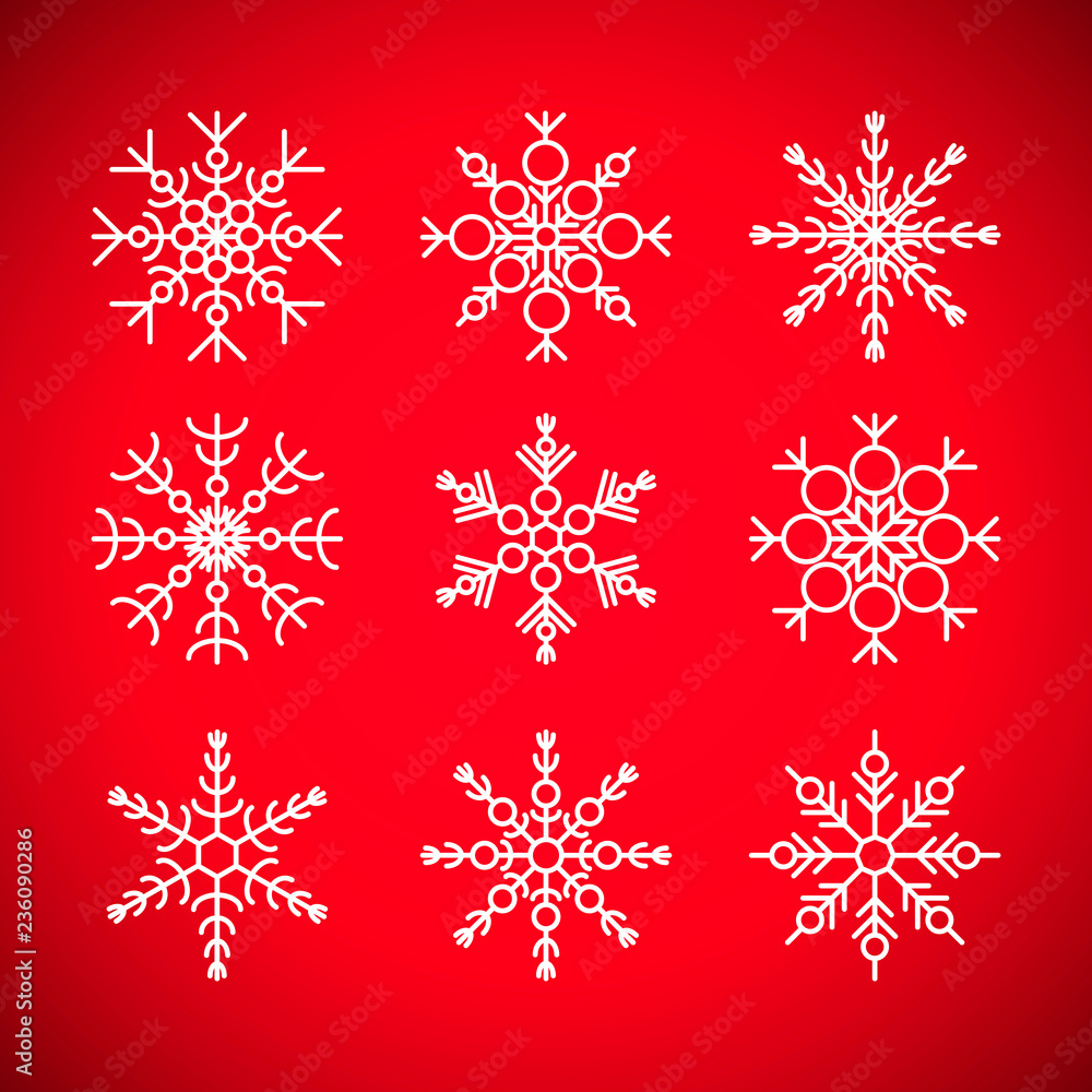 set of snowflakes isolated on red background set of snowflakes isolated on red background