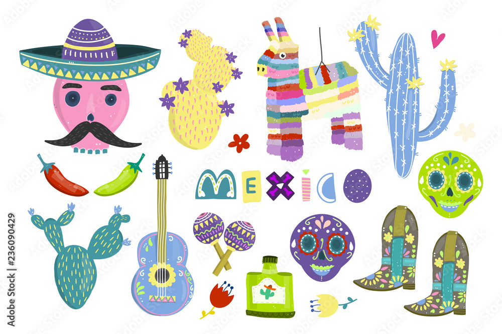 Hand drawn mexican symbols. Big colored set. All elements are isolated ...