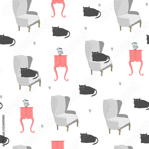 Black cat on armchair. Cartoon vector seamless pattern