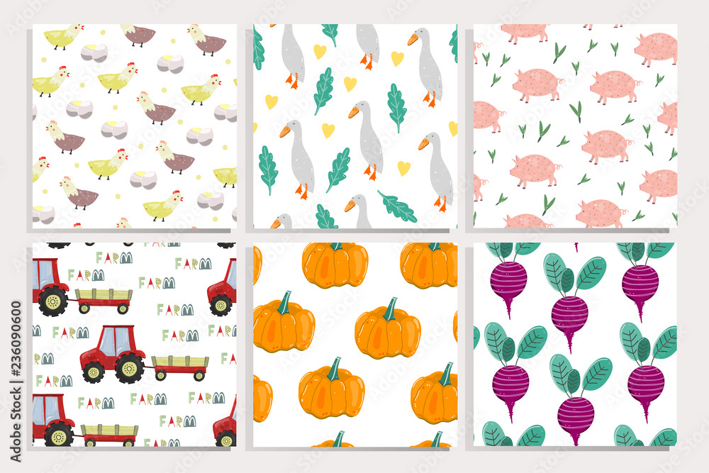 Farm vegetables and animals. Collection of vector seamless patterns