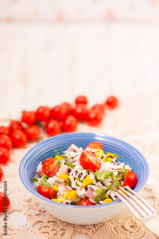 Rice salad with pork steak. Copy space Rice salad with pork steak. Copy space