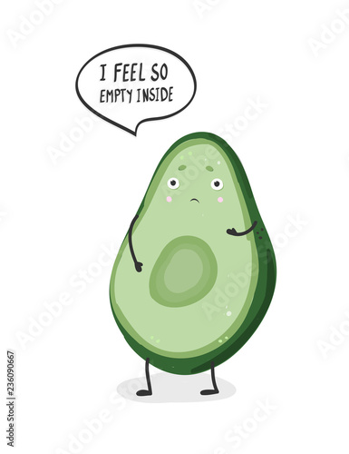 Hand drawn sad avocado. Cartoon vector illustration