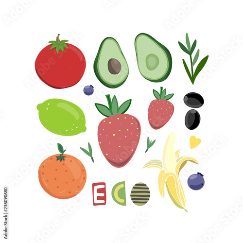 Hand drawn eco fruits, berries and vegetables. Cartoon style vector set. All elements are isolated