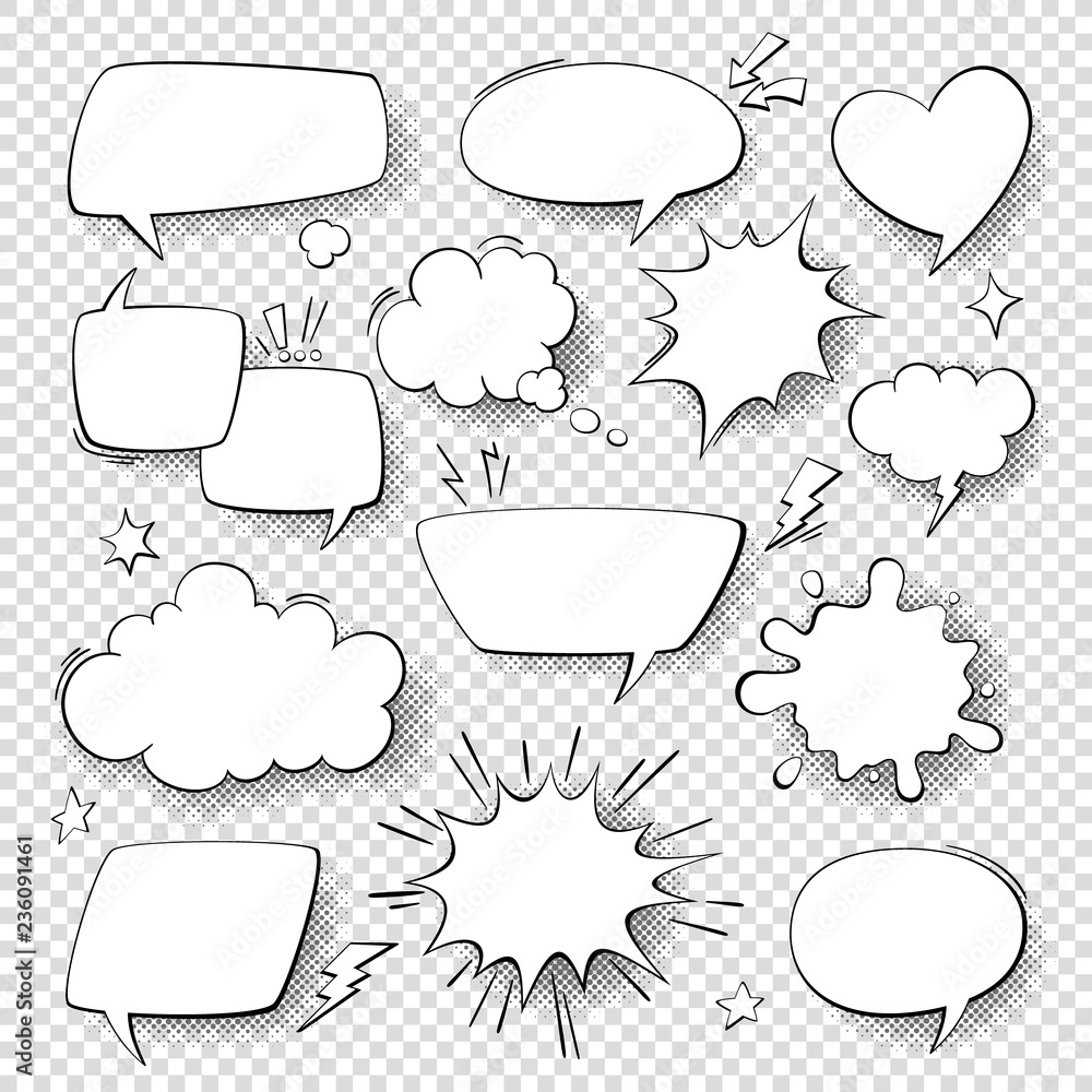 Comic speech bubbles. Cartoon comics talking and thought bubbles. Retro